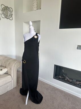 Balmain Black One-Shoulder Evening Gown with Gold Ring Hardware